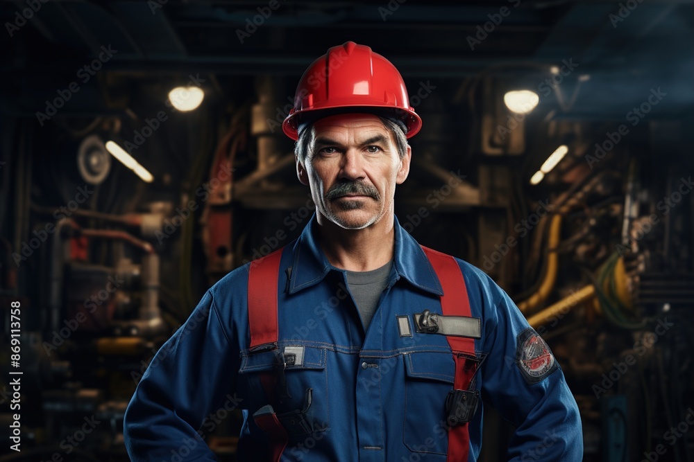 A man in a blue and red safety suit is standing in front of a machine