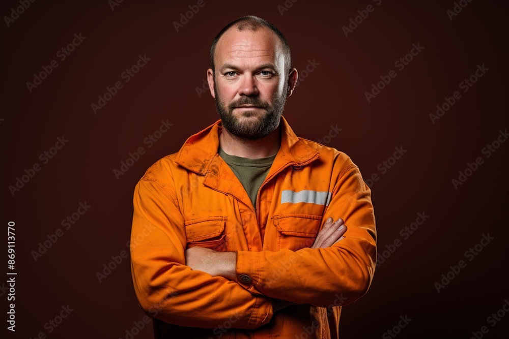 A man in an orange jumpsuit is standing with his arms crossed A man in an orange jumpsuit is standing with his arms crossed