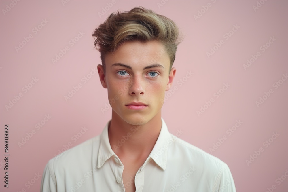 A young man with a blonde hair and blue eyes is wearing a white shirt A young man with a blonde hair and blue eyes is wearing a white shirt