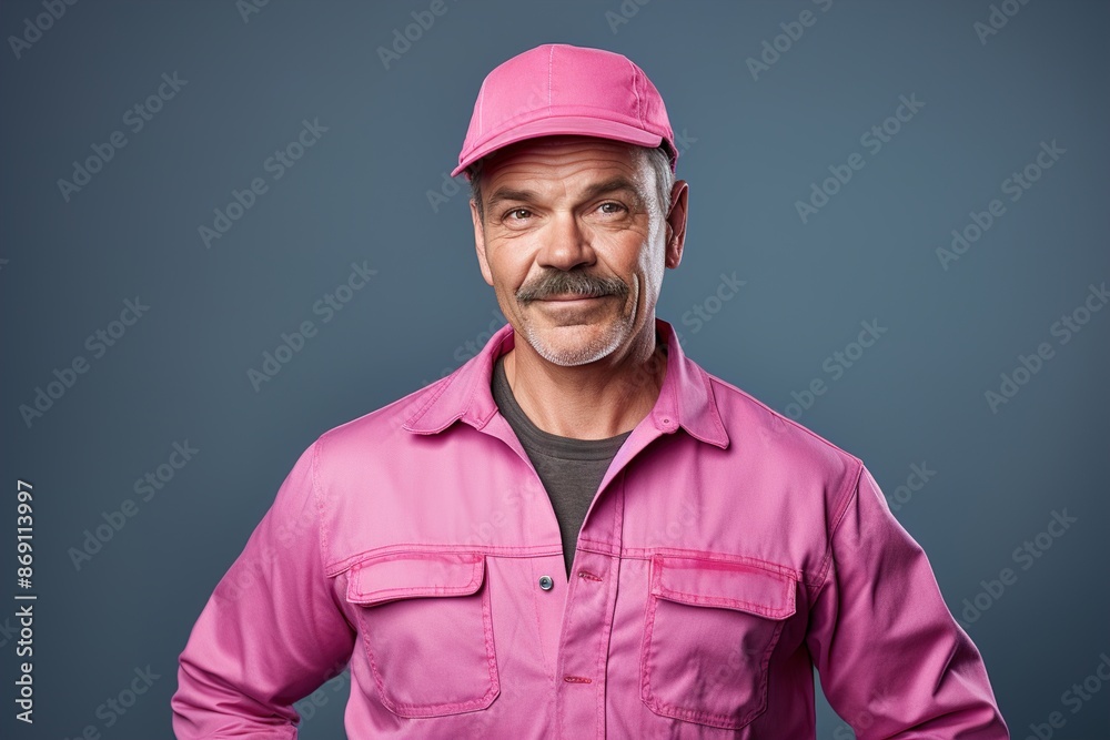 A man in a pink shirt and hat is smiling A man in a pink shirt and hat is smiling