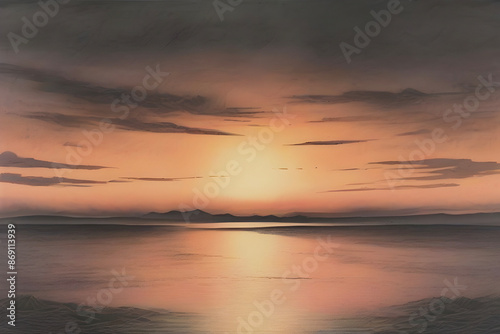 Vibrant aquatint print captures breathtaking sunset landscape.