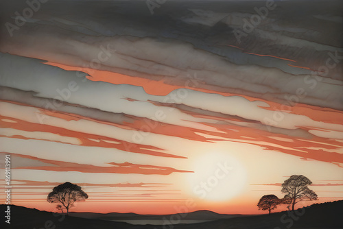 Vibrant aquatint print captures breathtaking sunset landscape. photo