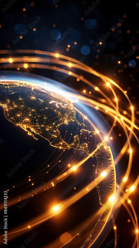 Fototapeta premium A glowing representation of global connectivity with golden lines across a digital Earth, highlighting network and communications technology.