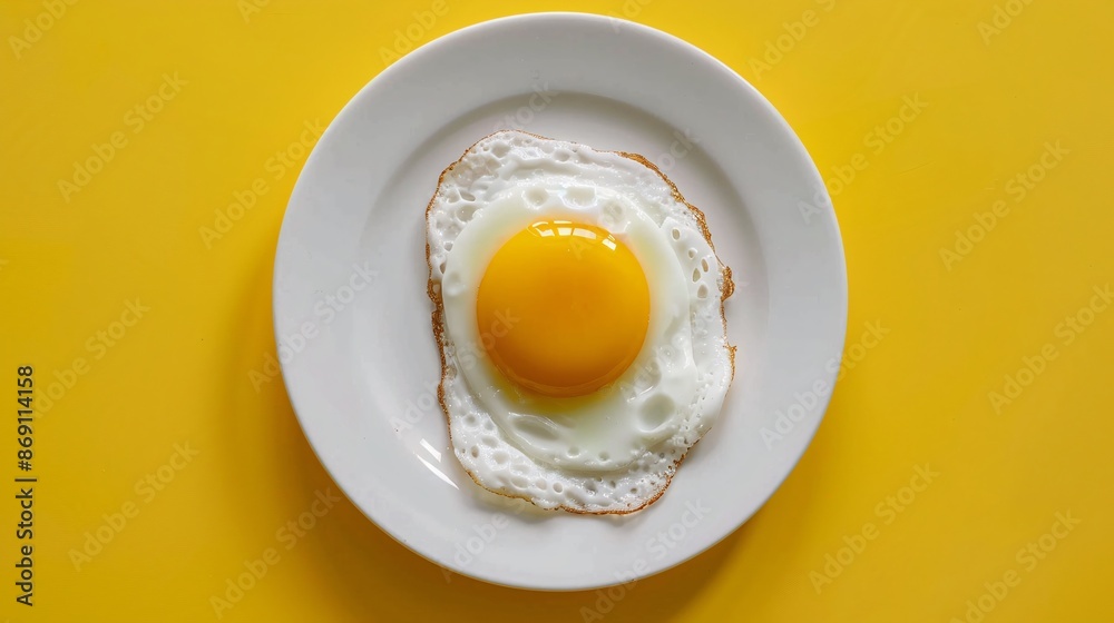 A Sunny-Side Up Egg on a White Plate Against a Yellow Background A Sunny-Side Up Egg on a White Plate Against a Yellow Background