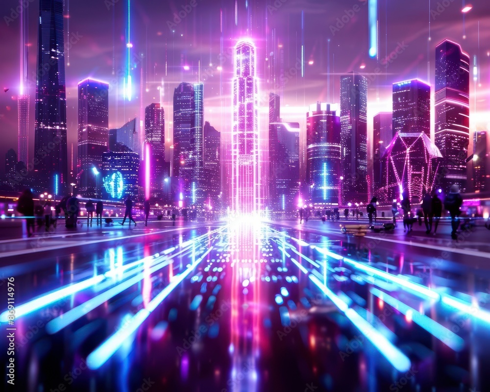Futuristic cityscape with neon lights, high-rise buildings, and digital elements illustrating a sci-fi urban environment. Futuristic cityscape with neon lights, high-rise buildings, and digital elements illustrating a sci-fi urban environment.