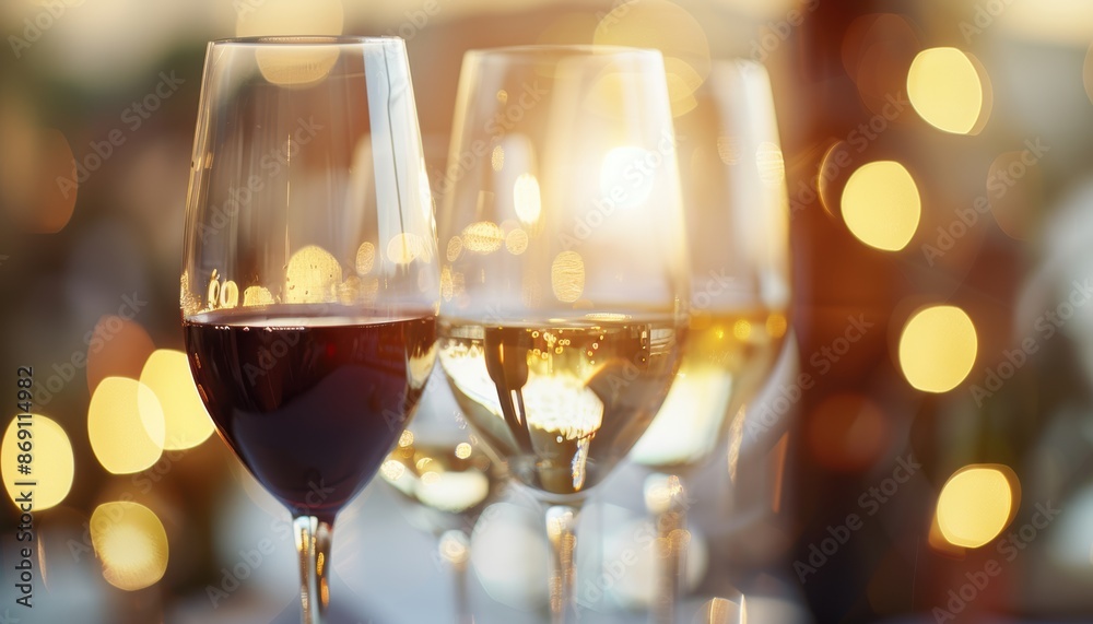 Close-up of wine glasses with red and white wine in a bokeh background, ideal for wine tasting or celebration themes. Close-up of wine glasses with red and white wine in a bokeh background, ideal for wine tasting or celebration themes.