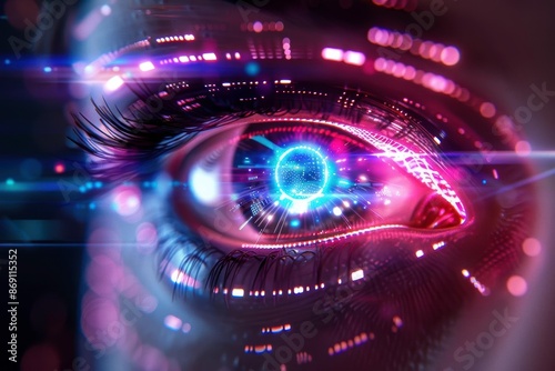Futuristic human eye with digital technology interface, glowing and surrounded by virtual elements. High-tech vision concept.