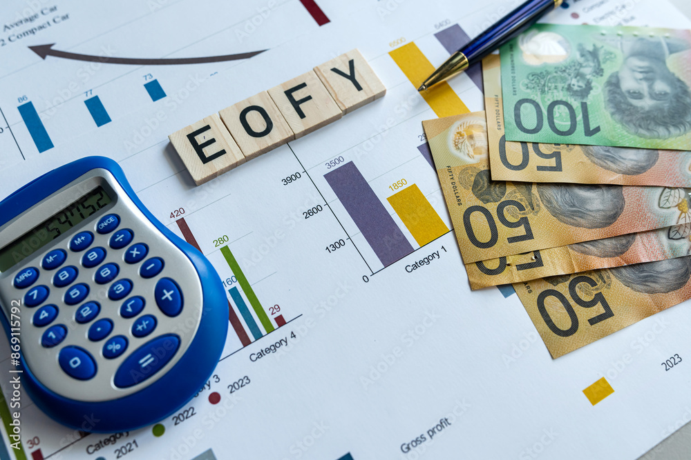 Business financial document EOFY pen calculator and Australian dollar money Business financial document EOFY pen calculator and Australian dollar money