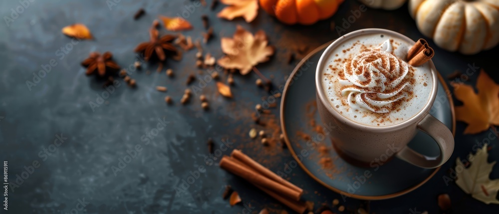 Cozy autumn scene with a pumpkin spice latte topped with whipped cream, surrounded by fall leaves, cinnamon, and pumpkins. Cozy autumn scene with a pumpkin spice latte topped with whipped cream, surrounded by fall leaves, cinnamon, and pumpkins.
