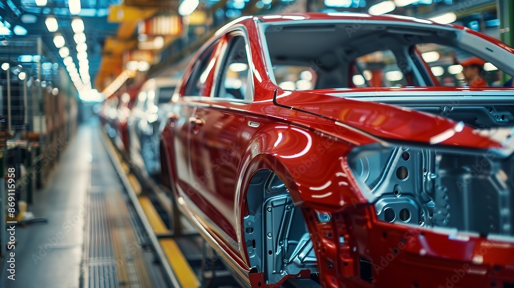`Car production line in factory, the car body is red and silver color with open hood on metal frame for new model design of automotive industry telephoto lens natural lighting` `Car production line in factory, the car body is red and silver color with open hood on metal frame for new model design of automotive industry telephoto lens natural lighting`