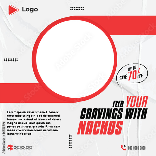 Delicious nachos food social media Instagram post feed banner template | Mexican food background with singing nachos with social media sale banner food flyer, restaurant poster, food poster, 