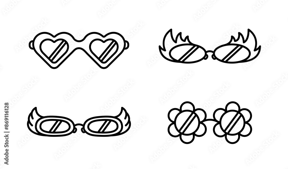 Y2k glasses set. Hippie glasses in shape of hearts, flowers, angel wings and flames set. Party glasses. Funny sunglasses retro style. Linear vector illustration Y2k glasses set. Hippie glasses in shape of hearts, flowers, angel wings and flames set. Party glasses. Funny sunglasses retro style. Linear vector illustration