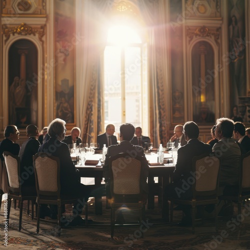 Delegates discussing policies at a round table in a formal setting. Soft, controlled light. Diplomatic meeting room background.  © AbdulRahmanUzair