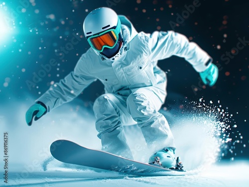 Wallpaper Mural Snowboarder in full gear gliding through fresh snow under bright light. Winter sports action shot with snowflakes flying in the air. Torontodigital.ca