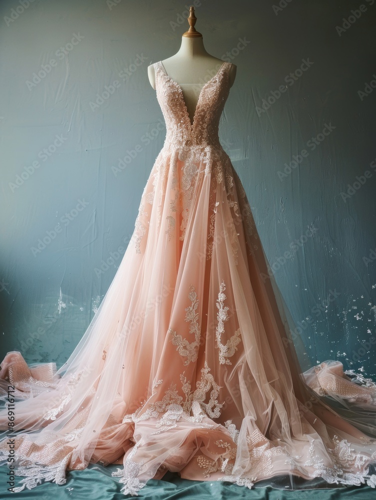 Elegant luxury pink wedding dress showcased on a mannequin, perfect for bridal fashion concepts