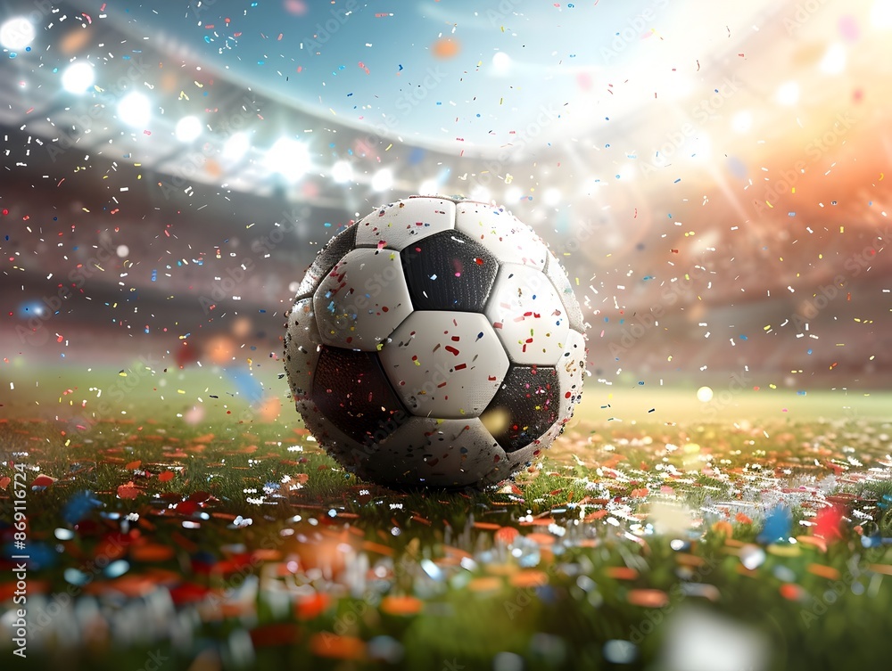 Fototapeta premium Triumphant Soccer Ball Illuminated by Spotlights with Celebratory Confetti in Stadium