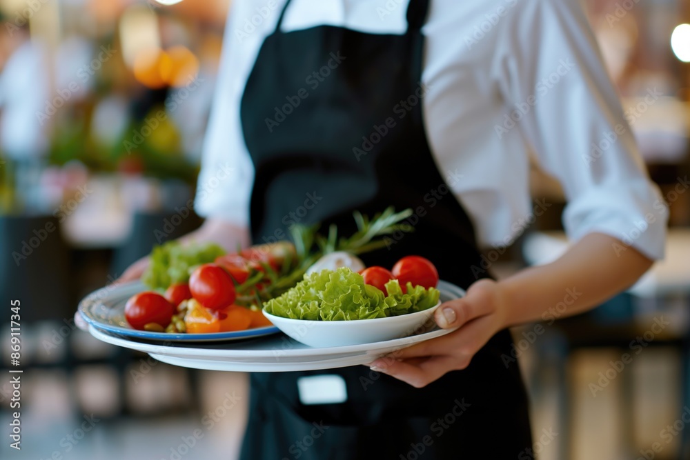 Restaurant Service, Fine Dining, Gourmet Experience Concept. Waiter in Uniform Serving Freshly Prepared Healthy Dishes with Vegetables. Culinary Arts, Hospitality, Professional Service.