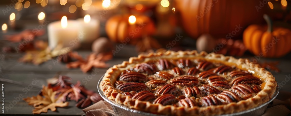 Delicious homemade pecan pie on a rustic table surrounded by autumn decorations, perfect for Thanksgiving celebration. Delicious homemade pecan pie on a rustic table surrounded by autumn decorations, perfect for Thanksgiving celebration.