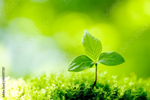 Background of plant sprouts on moss, symbol of environmental protection, eco-friendliness, greenery, and clean.