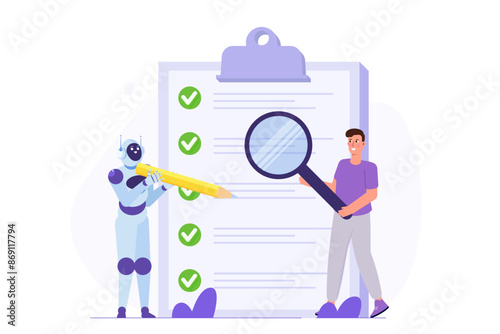 Working together with ai, teamwork  with artificial intelligence concept. Vector illustration.