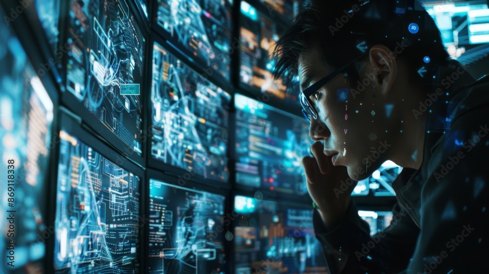 Fototapeta premium A cybersecurity expert examines data on multiple screens in a dark room, emphasizing the importance of encryption for secure data management