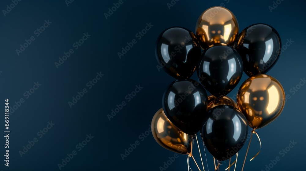 A high-angle photo of black and gold balloons against a deep blue background. The balloons are elegant and create a sophisticated aesthetic A high-angle photo of black and gold balloons against a deep blue background. The balloons are elegant and create a sophisticated aesthetic