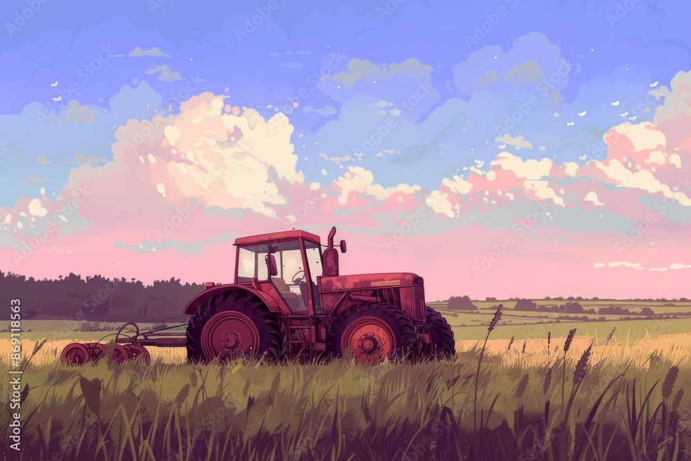Old tractor in a field. Surrounding countryside and sky. Cozy vibe, Generative AI Old tractor in a field. Surrounding countryside and sky. Cozy vibe, Generative AI