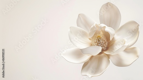 A high-resolution, close-up photograph of a white magnolia flower, isolated against a soft background, captures the delicate beauty of nature in a contemporary artistic style