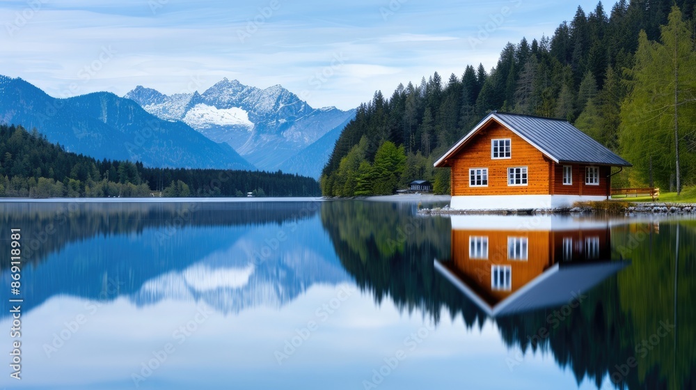 Fototapeta premium A serene lakeside cabin with a perfect reflection in calm water, surrounded by lush forest and snow-capped mountains under a clear blue sky.