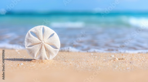 A sand dollar rests on a pristine sandy beach with the ocean waves gently rolling in under a clear blue sky.