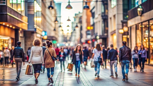 City Shopping Street Blur: A blurred background of a shopping street in the city with people walking, perfect for retail and urban lifestyle themes.	
