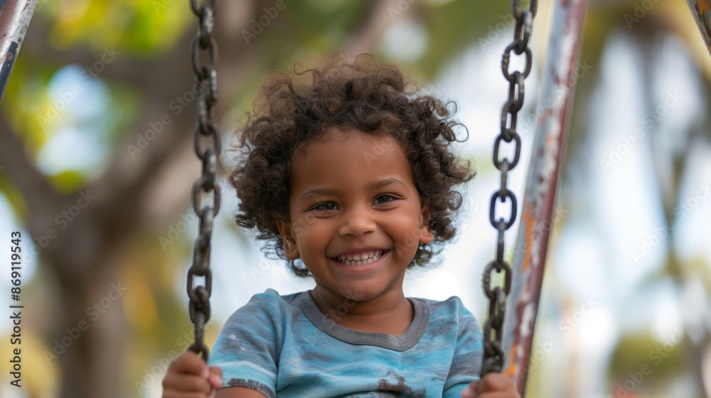 A child with a big smile playing on a swing in the park A child with a big smile playing on a swing in the park