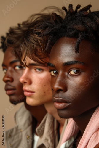 A group of man with different skin tones showcasing of handsome products. Concept of diversity, inclusivity in the handsome industry. a group picture of a group of different men all different ages