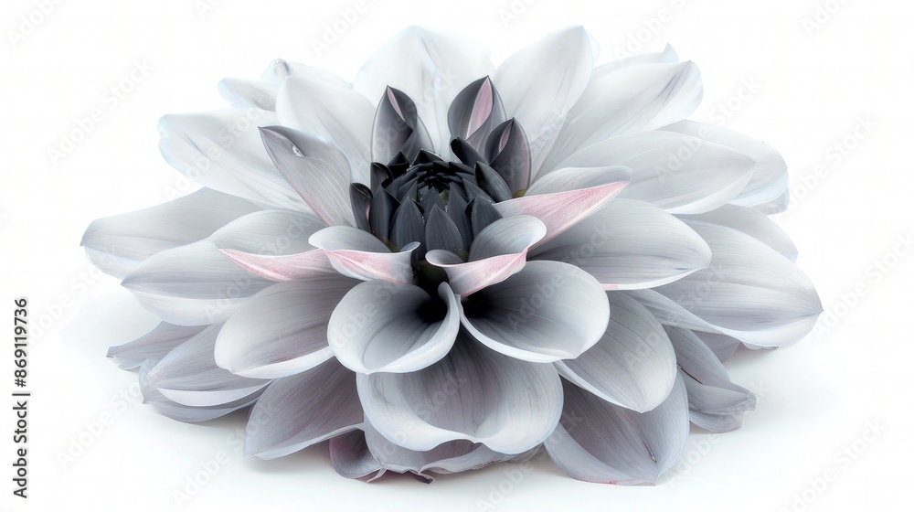 Fototapeta premium A pale grey Dahlia with charcoal tips and a touch of soft pink, meticulously isolated on a white background for a sophisticated look.