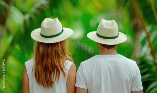 Couple with hats enjoying tropical nature. Summer travel and adventure outdoors. Backs of man and woman with white shirts in lush greenery.