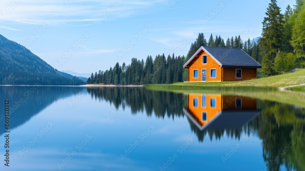 Fototapeta premium Serene lakeside cabin surrounded by lush forest and mountains, reflecting beautifully on the clear water under a bright blue sky.