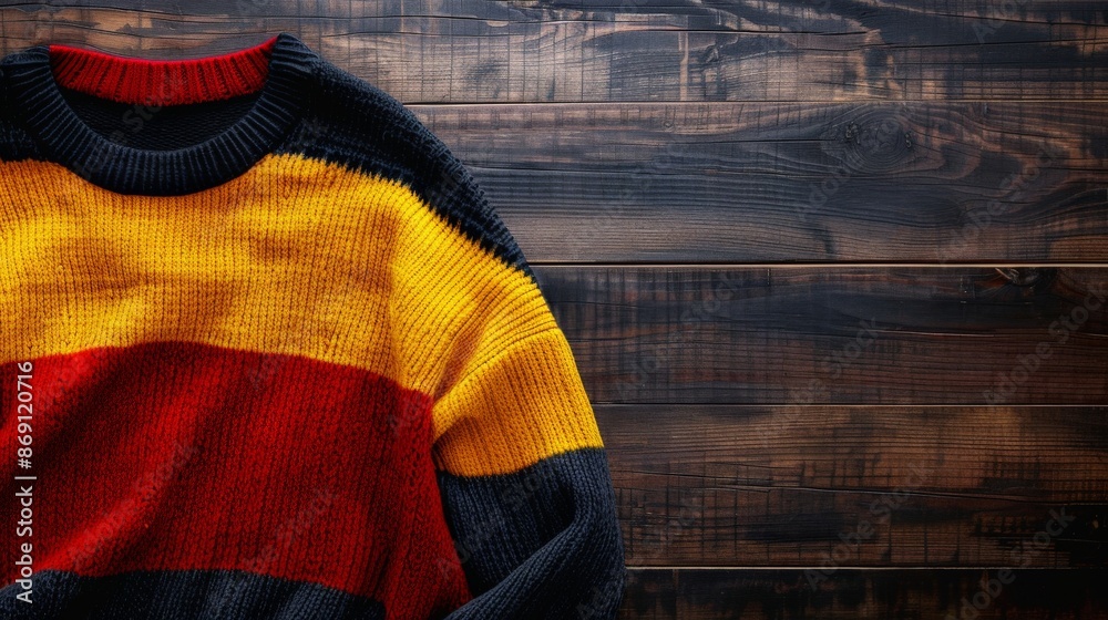 A close-up of a striped sweater on a wooden background A close-up of a striped sweater on a wooden background