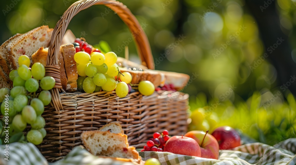 Close-up of a picnic basket filled with fresh fruits and sandwiches, summer picnic, outdoor meal, delicious, food photograph Close-up of a picnic basket filled with fresh fruits and sandwiches, summer picnic, outdoor meal, delicious, food photograph
