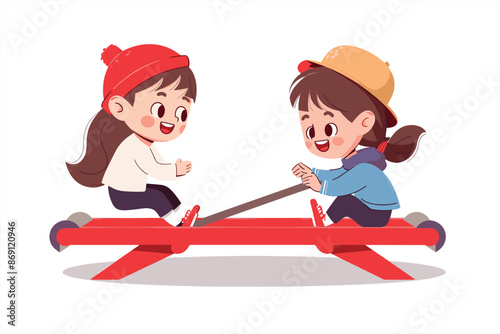 Happy children friends playing in seesaw park and spring nature. Children on seesaw. Boy and Girl Having Fun Riding Seesaw. 