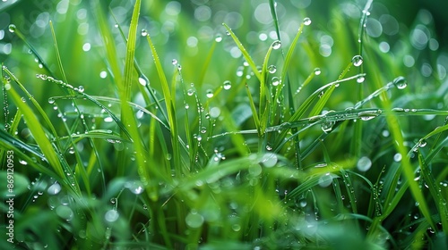 Grass background with water drops, symbol of environmental protection, eco-friendliness, greenery, and cleanliness.