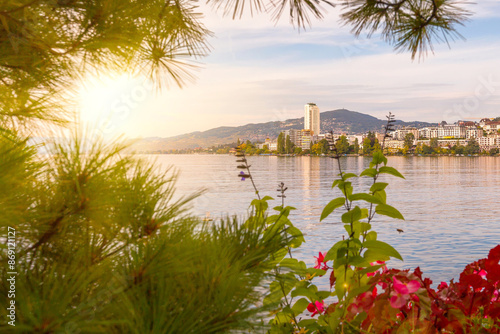 Flowers, city and lake view Montreux, Switzerland