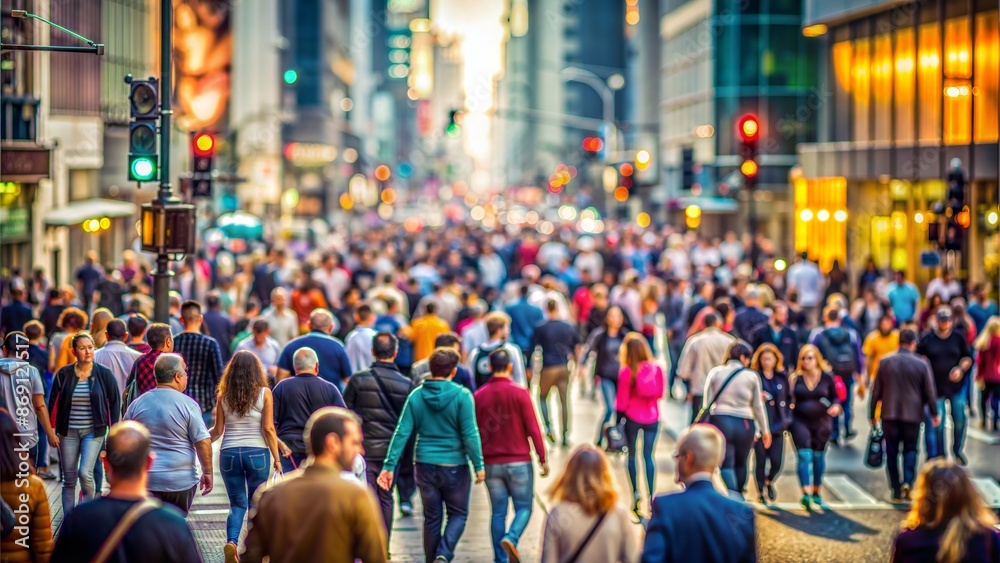 Obraz premium Urban Street Crowd Blur: A blurred background of a busy city street with a crowd of people walking, suitable for urban and lifestyle themes.