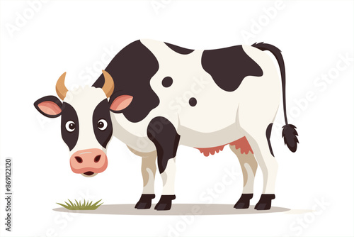  cow cartoon standing with eating, isolated on a white background. cow cute cartoon character animal, with green grass, flat kawaii style design vector. cute cow in flat style vector illustration.