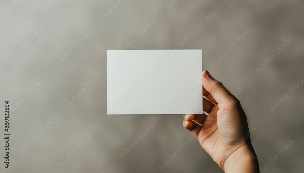 Hand holding a blank white card against a blurred gray background. Minimalism, simplicity, and space for a custom message or design. Hand holding a blank white card against a blurred gray background. Minimalism, simplicity, and space for a custom message or design.
