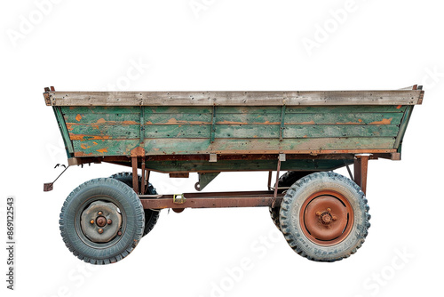 Vintage green wooden cart with rusted metal wheels isolated on a white background. Ideal for rustic, farm, or countryside-themed projects.