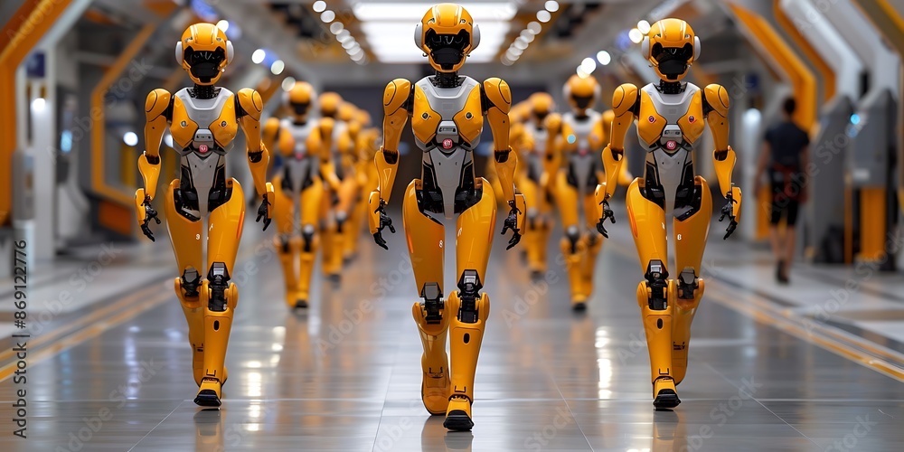 Obraz premium 3d rendering robot in a hall of a modern factory or warehouse