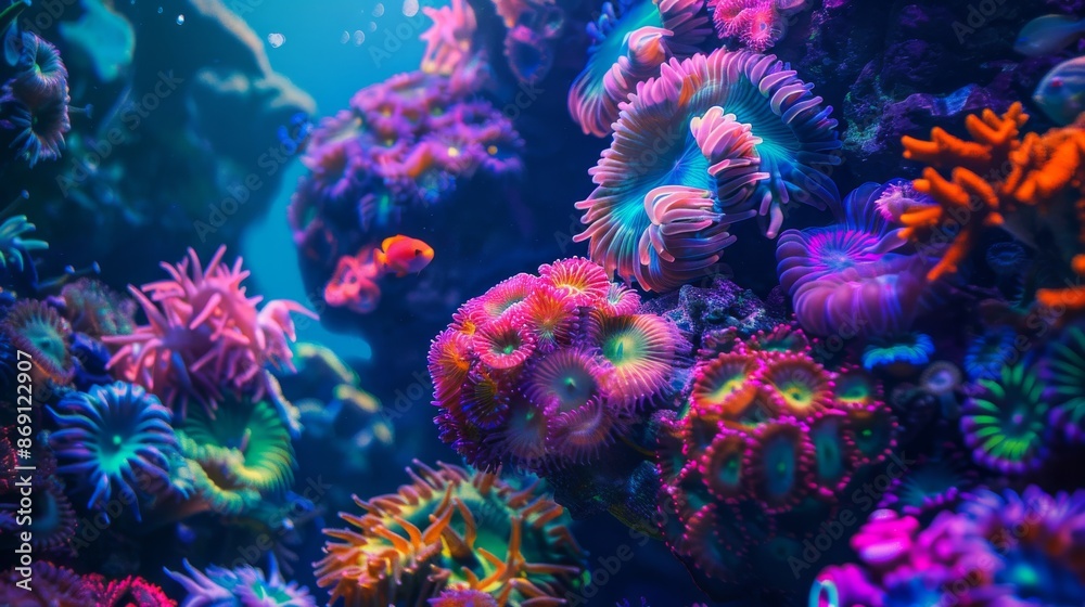A close-up photograph showcasing a vibrant coral reef ecosystem teeming with luminous sea creatures, showcasing the beauty of underwater life A close-up photograph showcasing a vibrant coral reef ecosystem teeming with luminous sea creatures, showcasing the beauty of underwater life