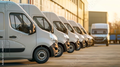 A side view of a row of brand new delivery vans parked neatly in a loading bay outside a commercial building