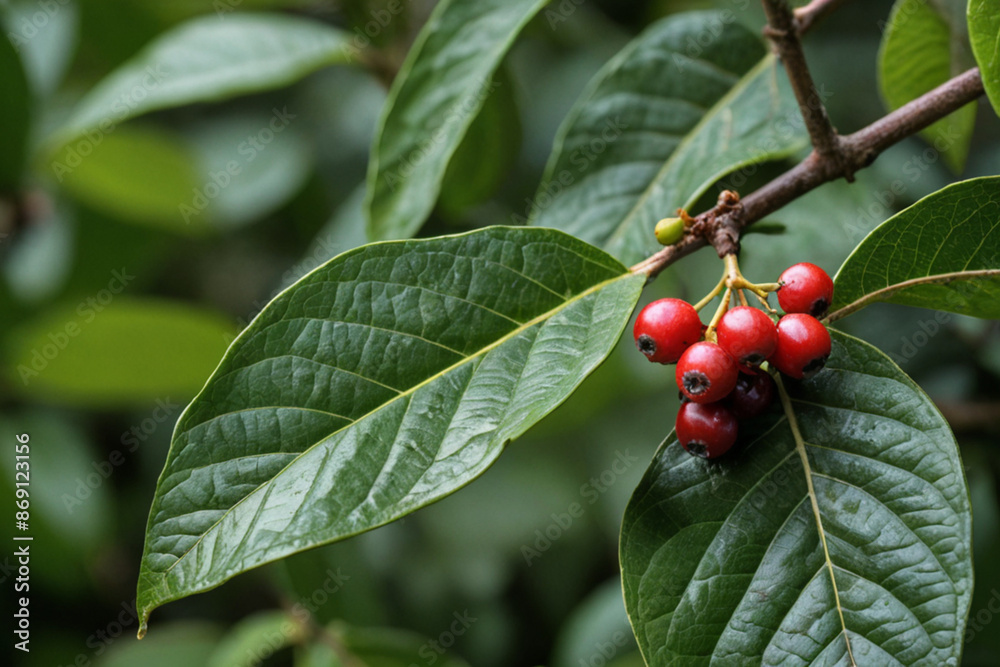 Close-Up of Ripe Red Coffee Cherries on Coffee Tree Branch with Green Leaves - Organic Coffee Bean Plant