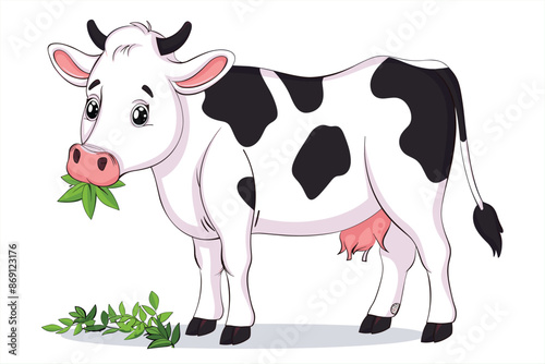  cow cartoon standing with eating, isolated on a white background. cow cute cartoon character animal, with green grass, flat kawaii style design vector. cute cow in flat style vector illustration.